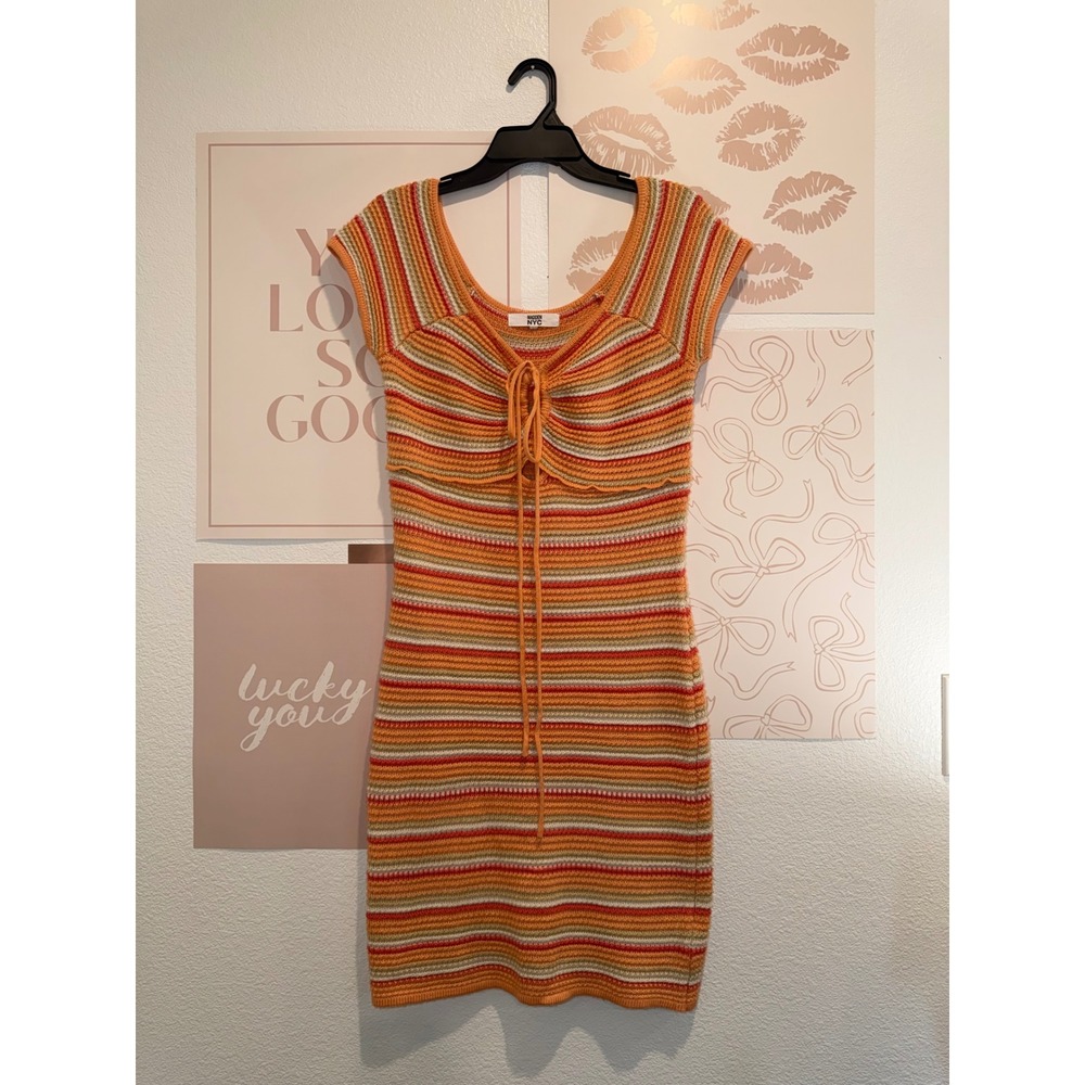 Madden NYC Womens Knit Striped Tie Front Bodycon Mini Dress Orange Yellow Large